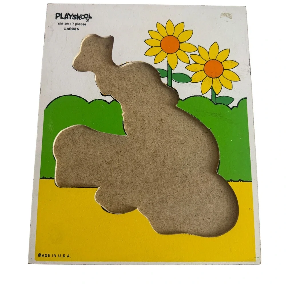 Playskool Garden Dog Butterfly Wooden Peg Puzzle 7 Pieces Made in USA Board‎